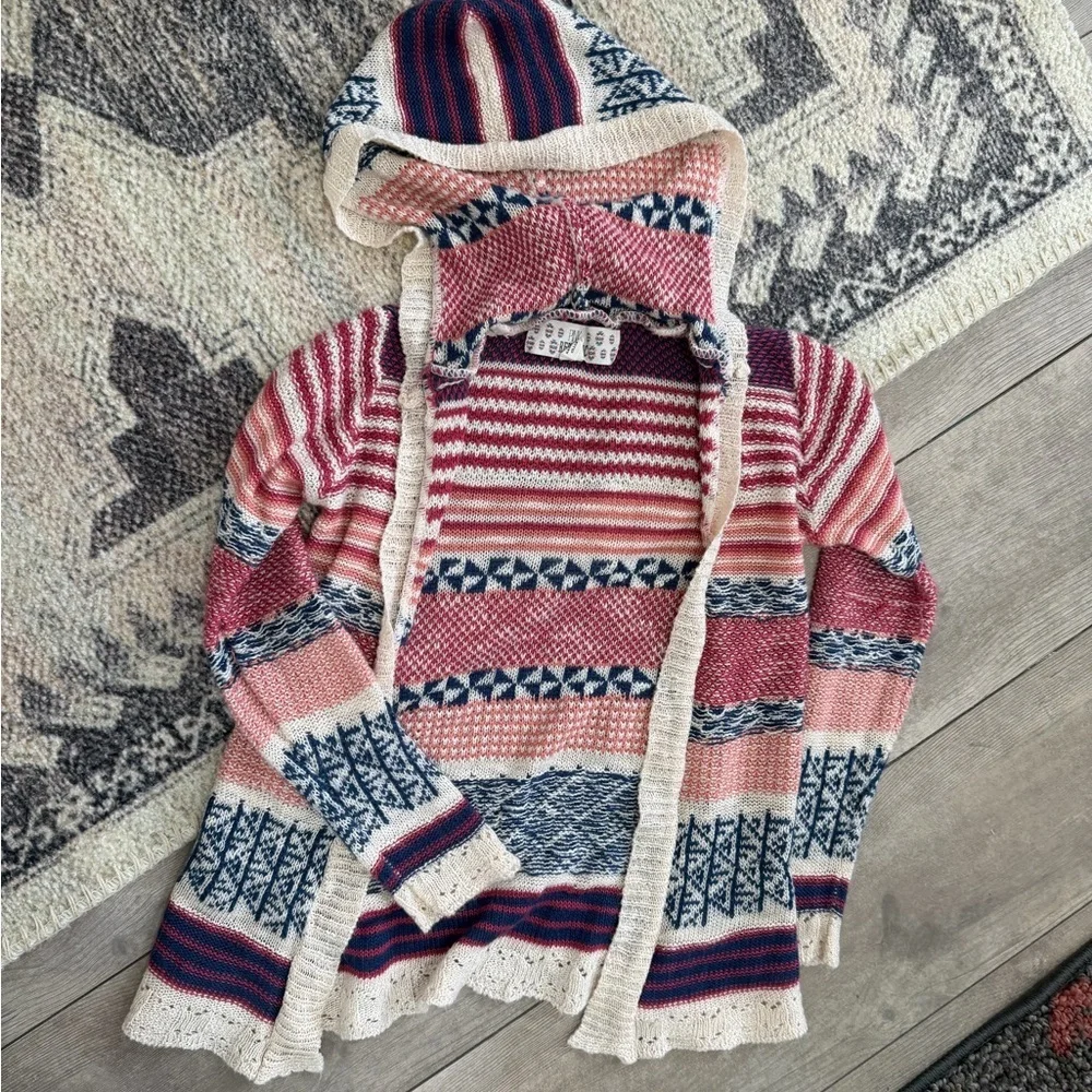 Y2K Pink Republic Toddler Girl Mixed Media Boho Cardigan Hooded Open Front